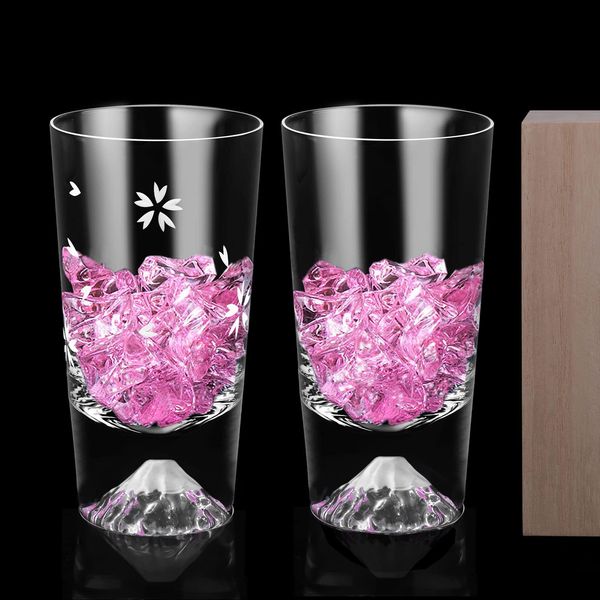 Mt. Fuji Glass, Sakura Kiriko Tumbler, Pair Set, 8.4 fl oz (240 cc), Easy to Hold, Luxury, Artisan Handmade, Paulownia Box, Rock Glass, Beer, Highball, Glasses, Stylish, Celebration, Wedding Gift,