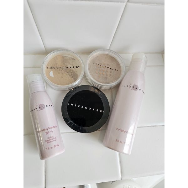 Lot Of 5 Sheer Cover Products - 2 Foundations, Cleanser, Moisturizer, Pallette
