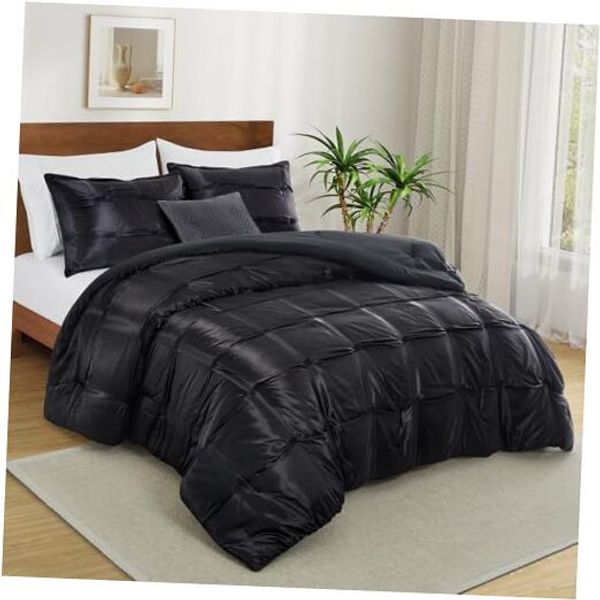 Full/Queen Size Satin Comforter Set Black, 3 Pieces Soft and Lightweight Silk