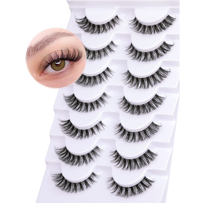 False Eyelashes Natural Look Eye Lashes Wispy CC Curl Russian Eyelashes 14mm Clear Band Strip Lashes That Look Like Extensions Cat Eye Lashes Pack 7 Pairs by Goddvenus