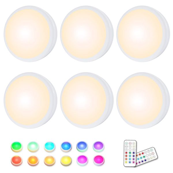 Puck Lights, 16 Colors Changeable LED Puck lightings Battery Powered dimmable Under Cabinet Lights Wireless Under Counter Lights Mini Night Light, with 2 Remote Controls & Timing Function