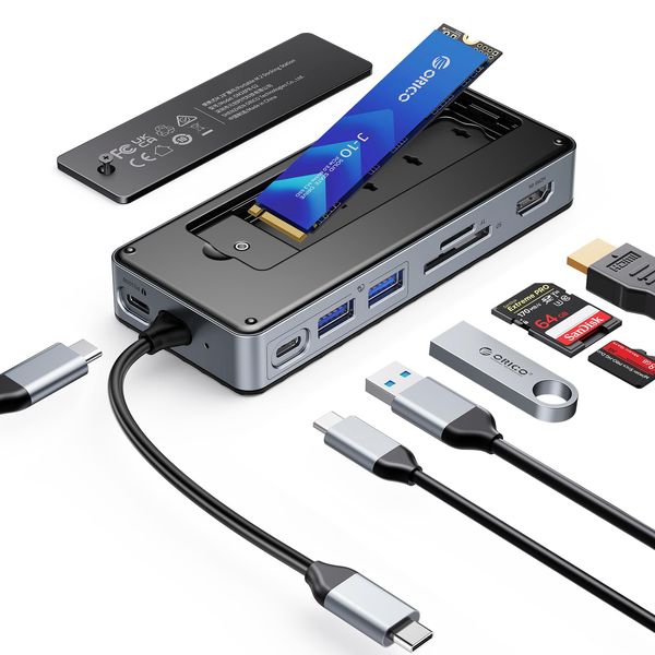 ORICO 8-in-1 USB C Docking Station mit M.2 SSD Gehäuse, USB C Hub mit M.2 NVMe/SATA SSD, 10Gbps, 4K@60Hz HDMI, 100W PD, SD/TF Kartenleser,15cm Kabellänge -OM28P