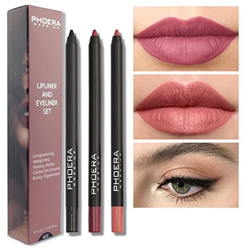 AQUAPURITY PHOERA® Lip Liner and Eye Liner 3Pcs Set, Long Lasting Eyeliner Pencil, Matte Lip Liner Pencil Set, Easy To Colour, Waterproof Shaping Lip Liner Set for Women and Girls (K01)