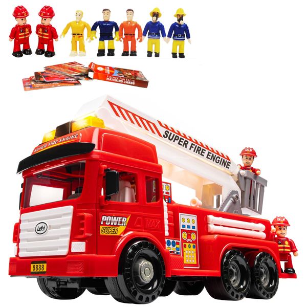 FUNERICA Big Fire Truck Toy with Lights and Sounds, Large Folding Ladder, Doors That Open, and 7 Play Fireman Figures - Red Firetruck Engine for Kids Toddlers Boys & Girls