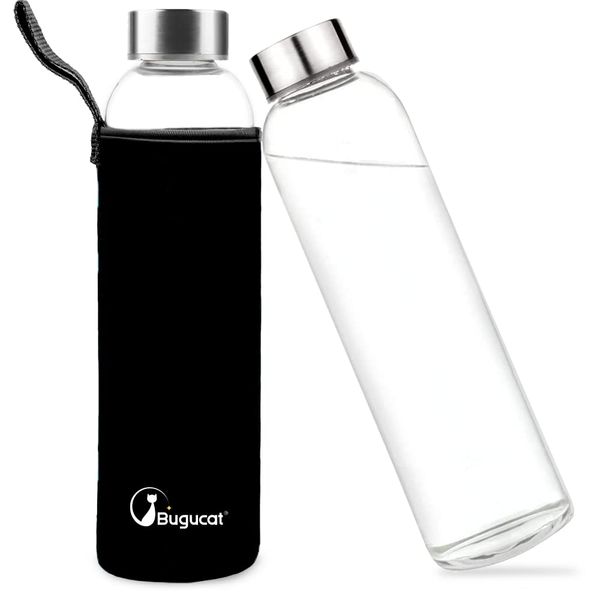 Bugucat Borosilicate Glass Water Bottles 1000ML,Reusable Stainless Steel Lid Drinking Bottle with Protective Sleeves,Juice Beverage Container BPA-Free Leak Proof for School Sport Yoga Hot Cold Drinks