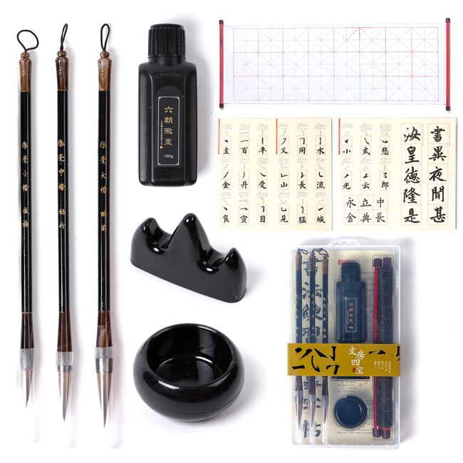 CA Society Chinese Calligraphy Set, Japanese Calligraphy Brush Gift Set, Brush Calligraphy Ink, Water Writing Cloth, 9 Pcs for Beginners