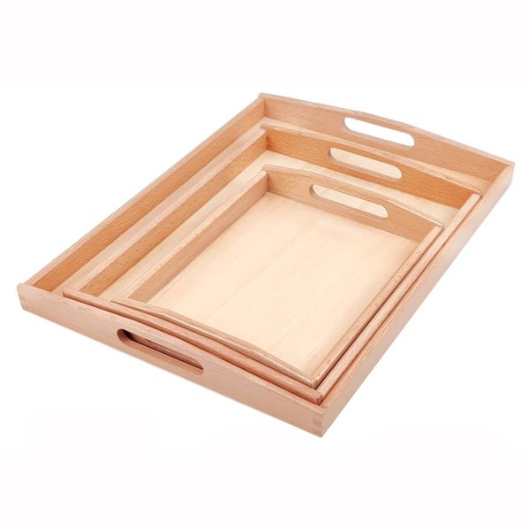 Montessori Wooden Trays with Handles, 3 Pack Small Medium Big Quality Wood Tray for Toddlers and Kids Montessori Activities, Trays to Store Toys and Educational Aids at Home Kindergarten (Beech)