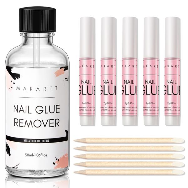 Makartt Nail Glue with Glue Remover Kit, 5pcs Strong Nail Glue, False Nail Glue For Acrylic Tips, Nail Glue Extra Strong, 30ml Nail Glue Remover for Press on Nails, False Nail Remover