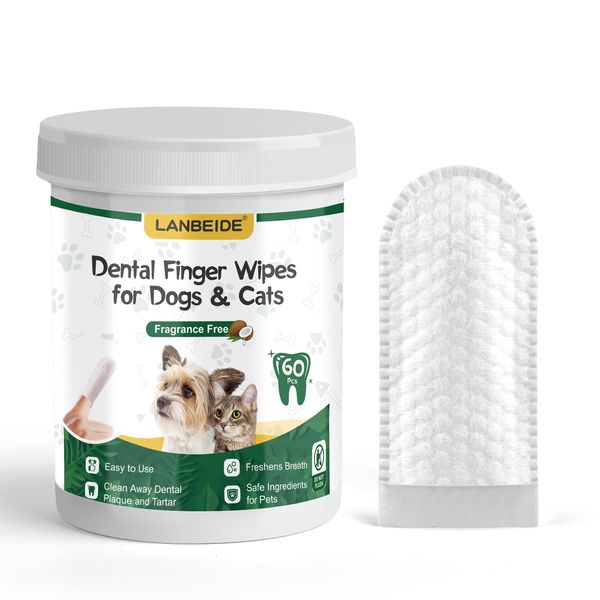 LANBEIDE Pet Teeth Cleaning Wipes for Dogs & Cats 60 Counts, Dog Dental Wipes for Reducing Plaque & Tartar, Breath Freshener Dental and Gum Care Finger Pet Wipes, No Hard Toothbrush