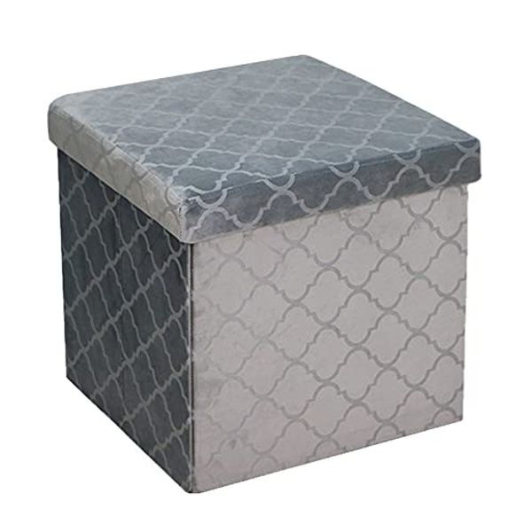 Folding Storage Ottoman Velvet Lattice Storage Box Pressed Velvet Seat Stool Chair Footstool Pouffe Bench (38cm x 38cm, Silver Grey)