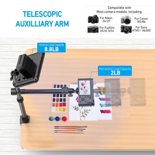 Overhead Camera Mount Table Stand with 2 Section Telescopic Arm, 13"-33" Adjustable Light Stand Mount with Table C Clamp/Swiveling Ball Head for DSLR Camera, Phone, Ring Light, Webcam