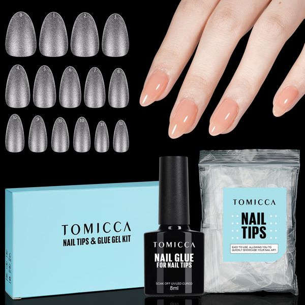 TOMICCA Nail Extension Kit, Nail Tips and Glue Gel Kit, 4 In 1 Nail Glue and Base Gel with 150Pcs Short Almond Nails DIY Nail Art Acrylic Nail Kit Easy Nail Extension Set, Gifts for Women Girls