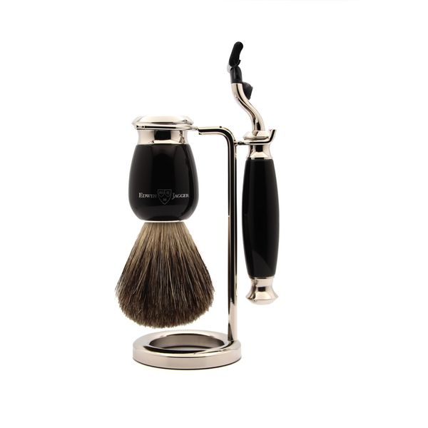 Edwin Jagger S81M586AMZ Classic Ebony & Nickel Shaving Set with Pure Badger Shaving Brush and Mach 3 Razor for Shaving Cream or Soap for Men and Women