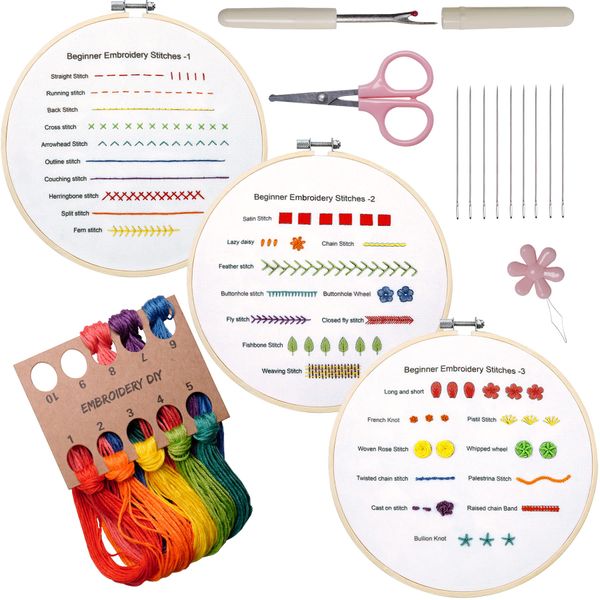 Bonroy Beginners Embroidery Stitch Practice kit, 3 Sets Embroidery Kit to Learn 30 Different Stitches for Craft Lover Hand Stitch with Embroidery Fabric with Embroidery Skill Techniques