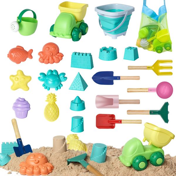 OKGD Beach Toy Set for Kids,22Pcs Kids Sand Toys Including Beach Bucket,Dump Truck Toy,Animal & Castle Molds,Cylinder Scoop, Trowel, Spoon, Fork, Rake & Shovel for Kids with Mesh Bag