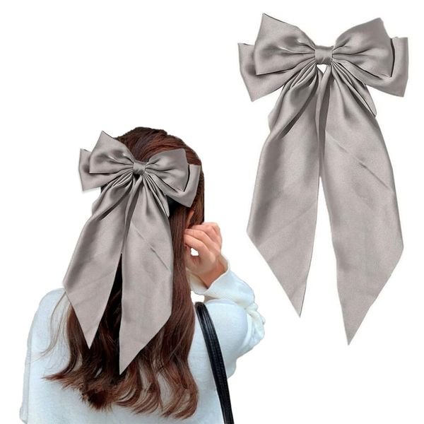 2 Pcs Silky Satin Hair Bows, Hair Barrettes for Women Hair Ribbon Bow for Girls Large Hair Barrettes with Long Tail Satin Ribbon Satin Bow Hair Clips Hair Bow Accessories, Gray