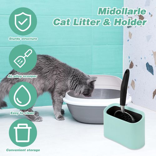 Midollarle Heavy-Duty Cat Litter Scoop with Holder, Metal Cat Scooper and Detachable Trash Can,Aluminum Kitty Poop Shovel Captures All Clumps,Speed Sifter Litter Box Scooper and Caddy with Lid(Green)
