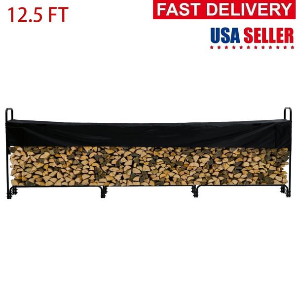 12.5 FT Firewood Rack With Cover 3/4 Cord Of Firewood Waterproof Cover Outdoor