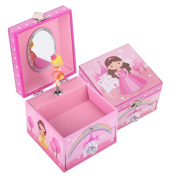 TAOPU Sweet Square Musical Jewelry Box with Pullout Drawer and Spinning Princess Girl Figurines Music Box Jewel Storage Case for Girls