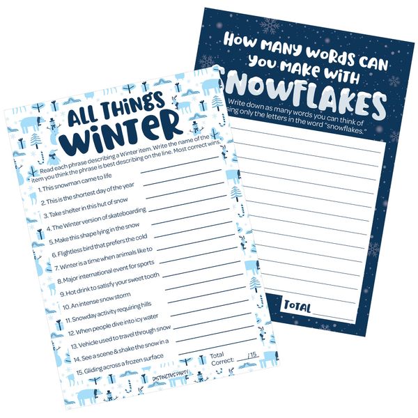 DISTINCTIVS Winter Holiday Party Games – All Things Winter Guessing Game and Snowflakes Anagram Word Game (2 Game Bundle) - 25 Dual Sided Cards