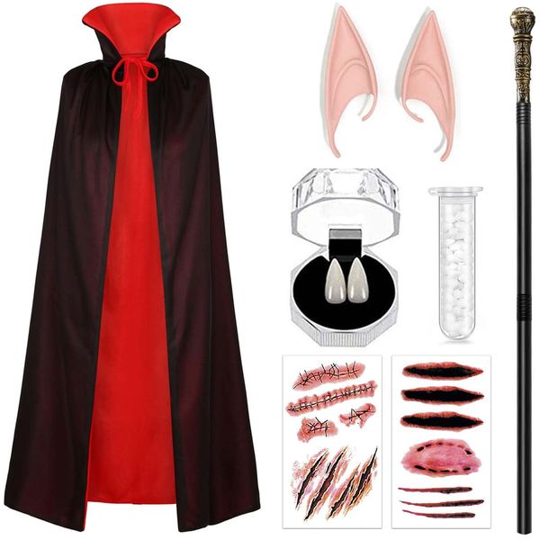 Bofeiya 7 Pcs Halloween Vampire Costume Black Red Cape Cloak Cane Elf Ears Stick Vampire Teeth Fangs with Solid Adhesive for Halloween Devil Vampire Costume Cosplay (120CM)