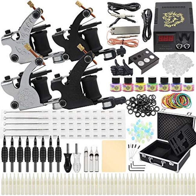 Complete Tattoo Kits - Yuelong Tattoo Machine Kits Liner Shader Coils  Tattoo Machine Guns Power Supply Foot Pedal Pigment Inks Tattoo Needles  Tips