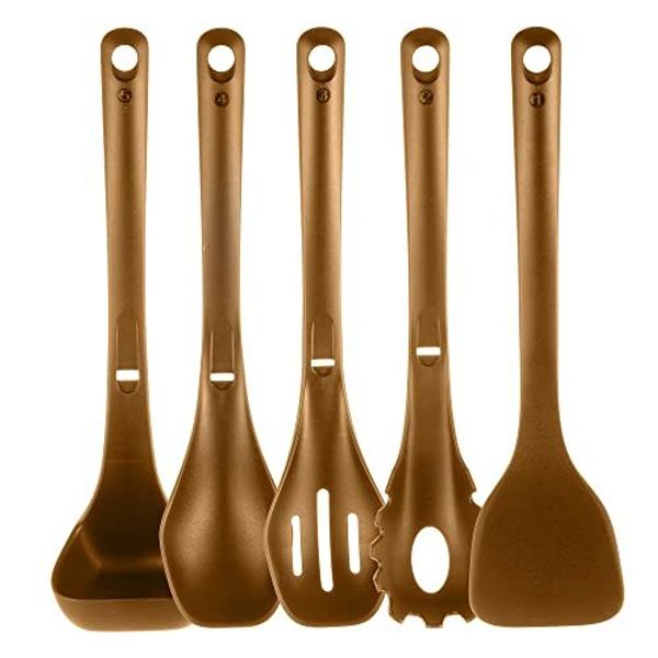 NutriChef Cooking Utensils Set w/Spatula, Fork, 2x Spoon, Tool Seat (Brown)