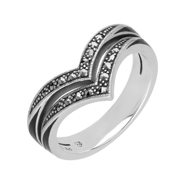 Esse Marcasite Sterling Silver Black Enamel & Marcasite Double Row Wishbone Ring (O)