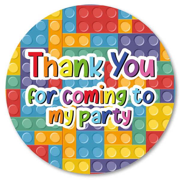 (Pack of 24) 40mm Bright Building Blocks "Thank You for Coming to My Party" Round Birthday Stickers