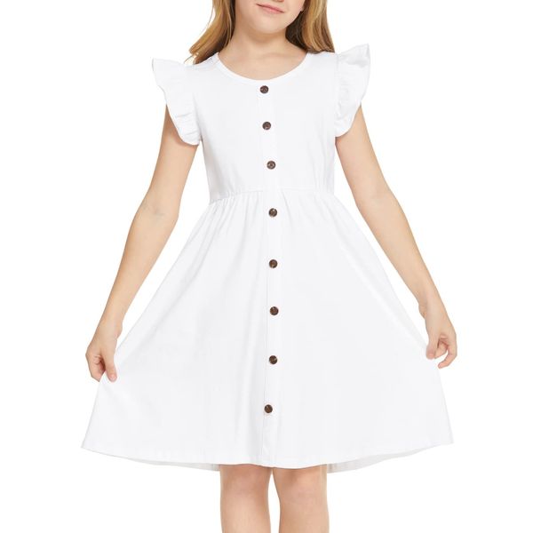 Arshiner Girls White Dress Casual Midi Solid Dress Flutter Sleeve Holiday Sundresses for Summer (A-White, 7-8 Years)