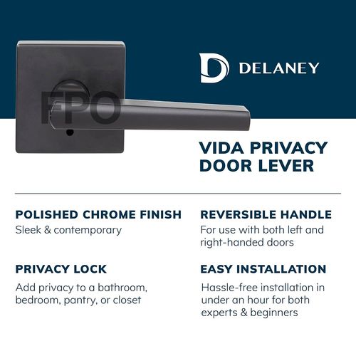 Delaney Hardware Vida Privacy Door Handle with Square Trim, Fits Door 1-3/8 to 1-3/4 in. Thick, Polished Chrome – Reversible Left/Right-Handed Bed & Bathroom Push Button Door Lever – Easy to Install