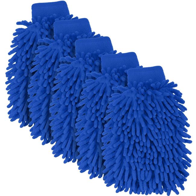 BBTO 5 Pieces Car Wash Mitts Chenille Microfiber Wash Mittens Double Sided Scratch-Free Wash Mitt (Royal Blue)