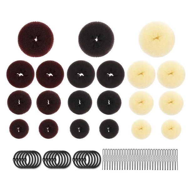 3 Hair Bun Maker Set, Donut Hair Bun Maker 21 Pieces with 15 Pcs Hair Elastic Bands, 30 Pcs Hair Pins Chignon Hair Styles Brown/Beige/Black (6 Small 6 Medium 6 Large 3 Extra-large)