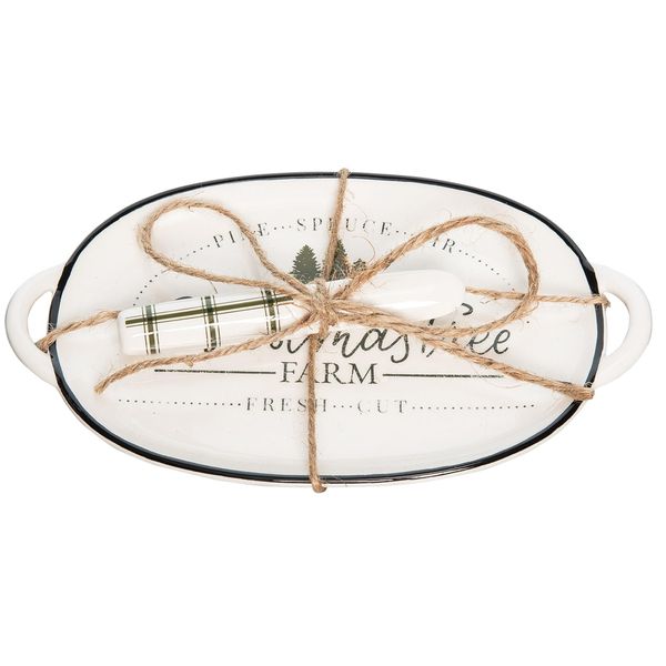 C&F Home "Christmas Tree" Sentiment Featuring 3 Trees Dolomite Serving Tray with Spreader Hostess Gift Set White