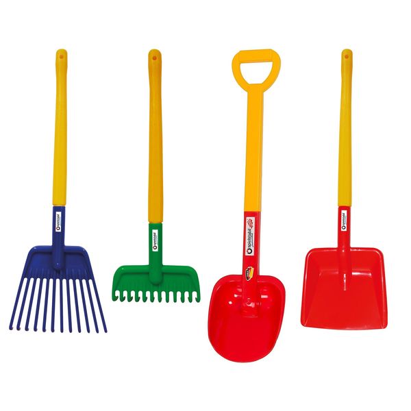 Spielstabil Four Seasons Pack of Sand Toys - Children's & Toddler Outdoor Toys, Long Handled Beach Shovel, Leaf Rake, Flat Snow Shovel & Garden Rake