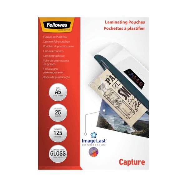 Fellowes A5 Laminating Pouches, Gloss Finish, 25 Sheets, 250 Micron (2 x 125 Micron) High Quality Finish with Image Last Directional Quality Mark - Ideal for Photos, Notices and Everyday Use