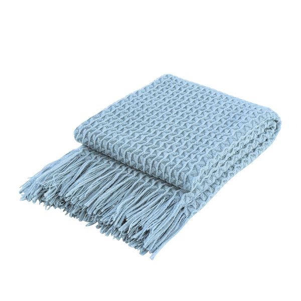 Super Soft Decorative Knit Throw Blanket for Sofa Couch Chair Bed, Lightweight Travel Blanket Nap Throw, Cashmere-like Soft and Cozy, Delicate Weave Pattern with Fring,Blue,127x152cm