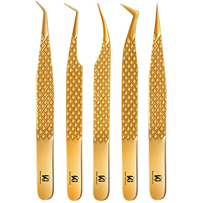 Eyelash Tweezers Professional Japanese Stainless Steel Tweezers uplift Eyelash Tweezing 5-PC Lash Extension Kit for Lifting Lashes Straight and Curved Angled Tweezers Professional-GOLD