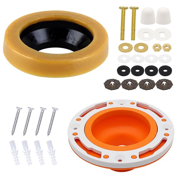 Toilet Flange with Wax Ring for Toilets, Toilet Flange Repair Kit for 4" and 5" Drain Pipe, Extra Wax Rings New Installation, Toilet Replacement Kit with Washers & Bolts for Plumbing Below Floor