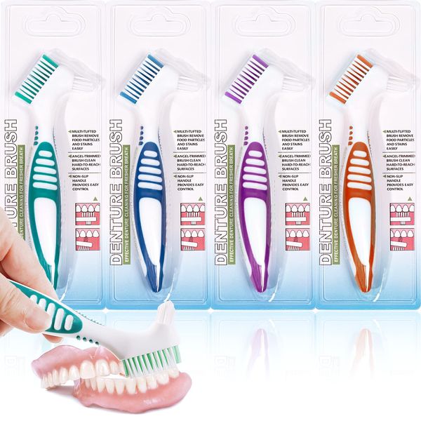 Mckkor Denture Brush 4 Pack Cleaning Brush,Double Sided Denture Toothbrushes, Multi-Layered Bristles & Ergonomic Rubber Anti-Slip Handle Denture Brush Toothbrush, for Denture Cleaning Care