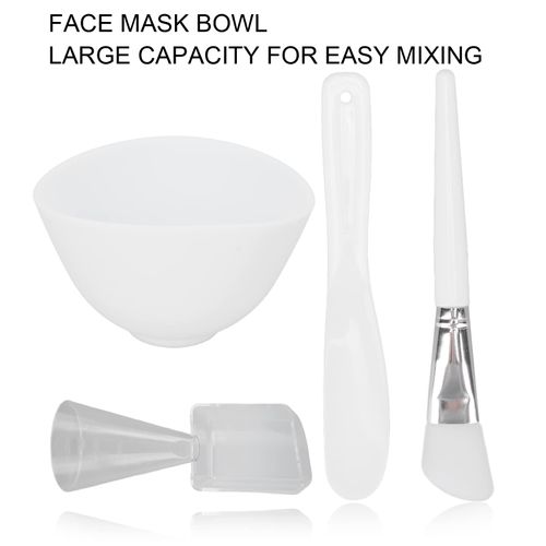 4pcs Face Mask Bowl Set, Measuring Spoon Spatula Silicone Brush Washable Skin Mask Applicator White, Facial Mask Mixing Tool Kit