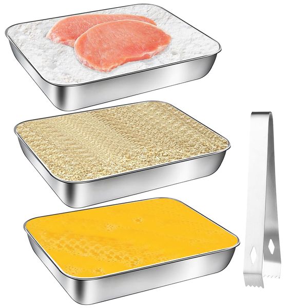 Panierschalen Set 3-Teilig, Edelstahl Schale Rechteckig 25 x 19 x 5 cm Panierstrasse mit Panierzange, Panierschalen zum Schnitzel Gebratenes Fleisch, Fisch