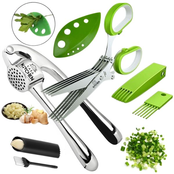 Premium Garlic Press & Herb scissors, Easy to Squeeze Handle - Garlic Presses, Garlic Peeler, Garlic Crusher, Herb Stripper - 7 Pieces Garlic Mincer- Multipurpose Five blade kitchen salad scissors