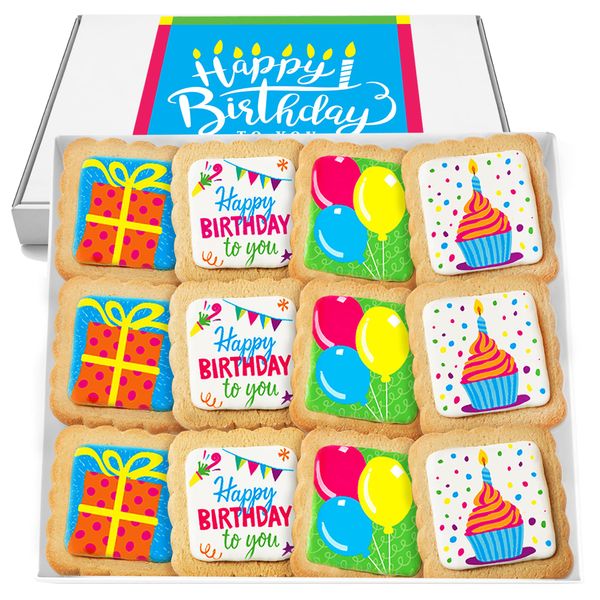 Happy Birthday Cookies 12 PACK Gift Basket | INDIVIDUALLY WRAPPED For Kids Men Women | Decorated Party Favors Gift Box | Nut Free