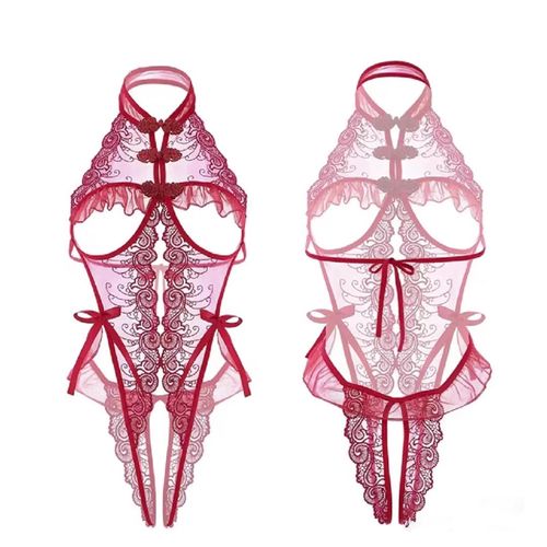 LIKENNY Cosplay, Sexy Sheer Lingerie, Enchanting Cosplay Leotard, Ultra High Leg Leotard With Bold Slits on the Chest (Red)