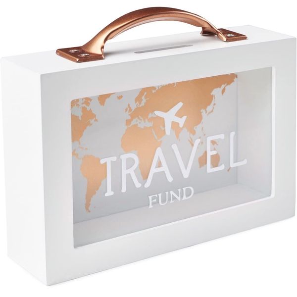 Shadow Money Box for Saving Travel Fund - Decorative Money Box - Wooden Piggy Bank - White Saving Box for Coins with Handle - Coin Bank Money Bank - Travel Fund Box for Adults - Money Saver