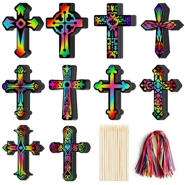 ZMLM Art-Craft Scratch Cross Ornament: 60 Pcs Rainbow Scratch Paper Set Classroom DIY Party Favor for Boy Girl Sunday School Art Supplies Easter Christian Gift for Kid Age 3 4 5 6 8 10 Year Old