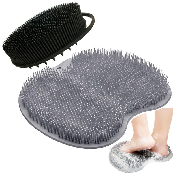 Foot Brush, Foot Wash Mat, Set of 2, 2 in 1 Silicone Shower Brush, Foot Odor Removal, Deodorizer, Clean, Foot Massage, Hook Hole, Suction Cup Included, Anti-Slip, Bath, Antibacterial TPE Material, 3D