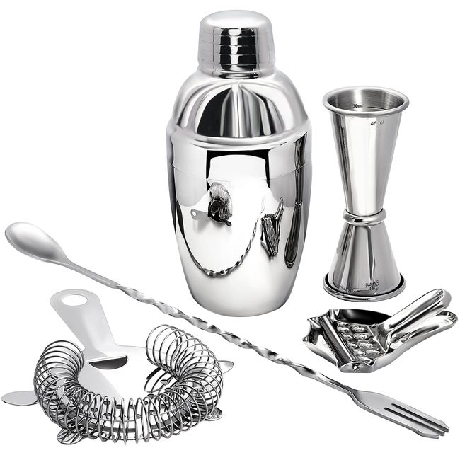 Lucky Style [Japan Brand] Cocktail Shaker Bartender Cocktail Set, 11.8 fl oz (350 ml), Shaker, 1.2 fl oz (30/45 ml), Scale Included, Measure Cup, 5 Piece Bar Set