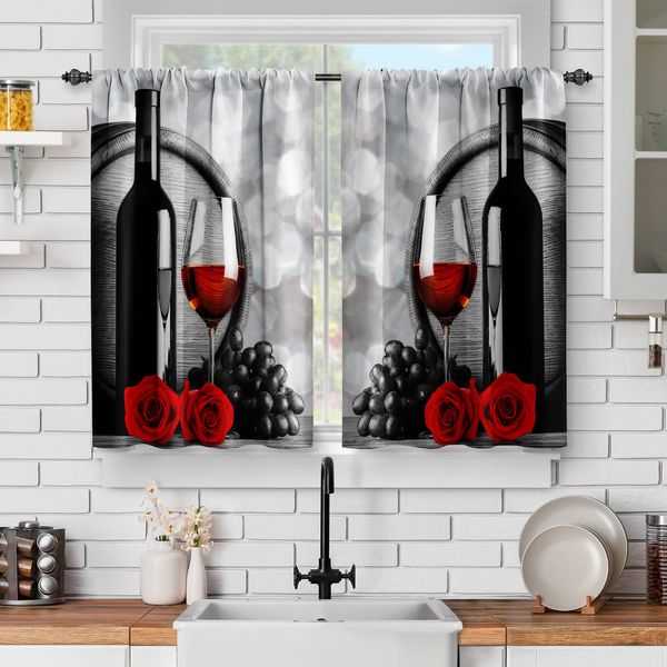 Jekeno Wine Red Rose Kitchen Curtains: Romantic Flower Art Printed Short Cafe Curtain Decor for Dining Room Tier Half Curtains Country Farm Decor Rod Pocket Window Drapes 36 Inch Length 2 Panels Set